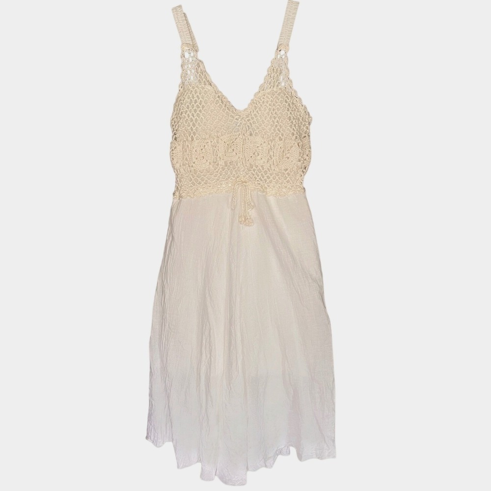 White Crochet Lace Cotton Gauze Boho Midi Dress Smocked Back Sleeveless Festival